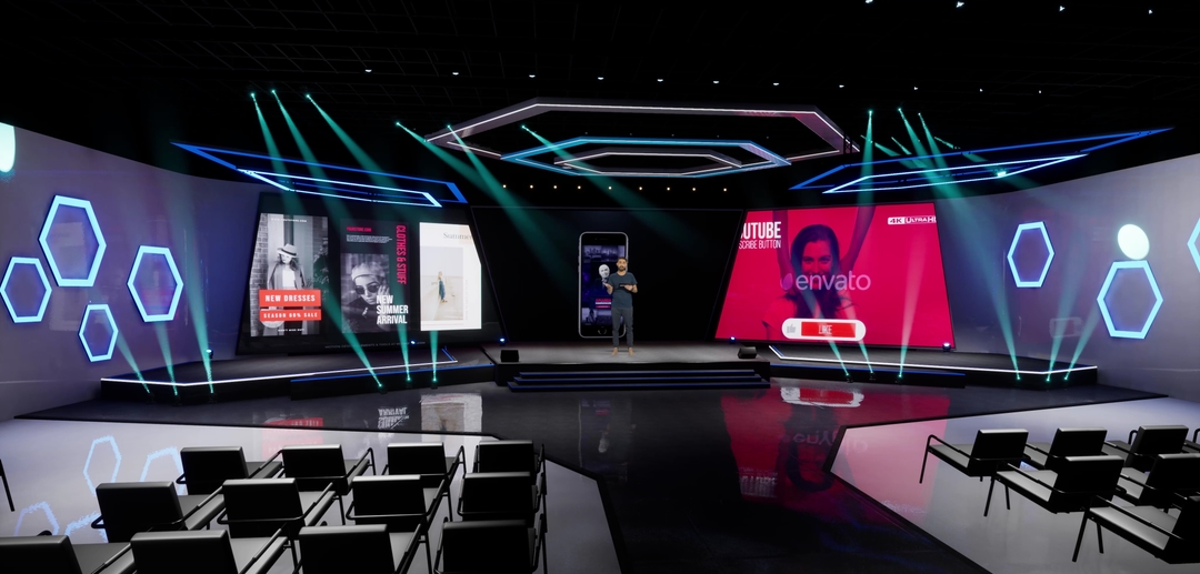 STAGE HXGG9 | DMX Pyro | Unreal Engine Corporate Virtual Set | Integrated With Aximmetry